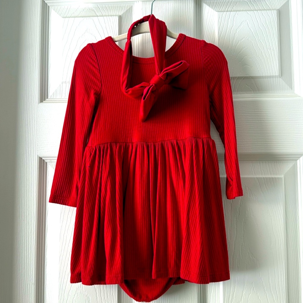 Little Sleepies Holiday Red Ribbed Twirl Dress with Bodysuit & Matching bow